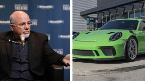 Left: Dave Ramsey sitting in a chair in front of mic, Right: Bright green Porsche 911 GT3 RS