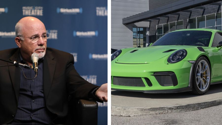 Left: Dave Ramsey sitting in a chair in front of mic, Right: Bright green Porsche 911 GT3 RS