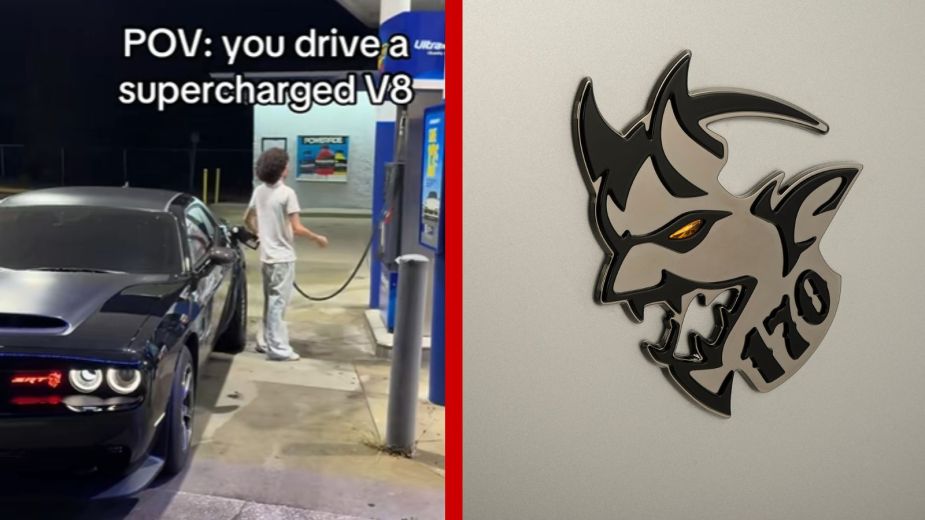 Left: A TikToker fills up his Dodge Challenger SRT Demon 170, Right: The Demon 170 logo