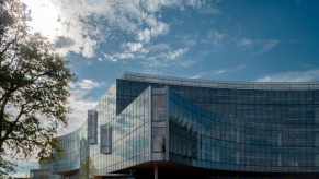 A top corner of the new Ford global headquarters in Dearborn, Michigan