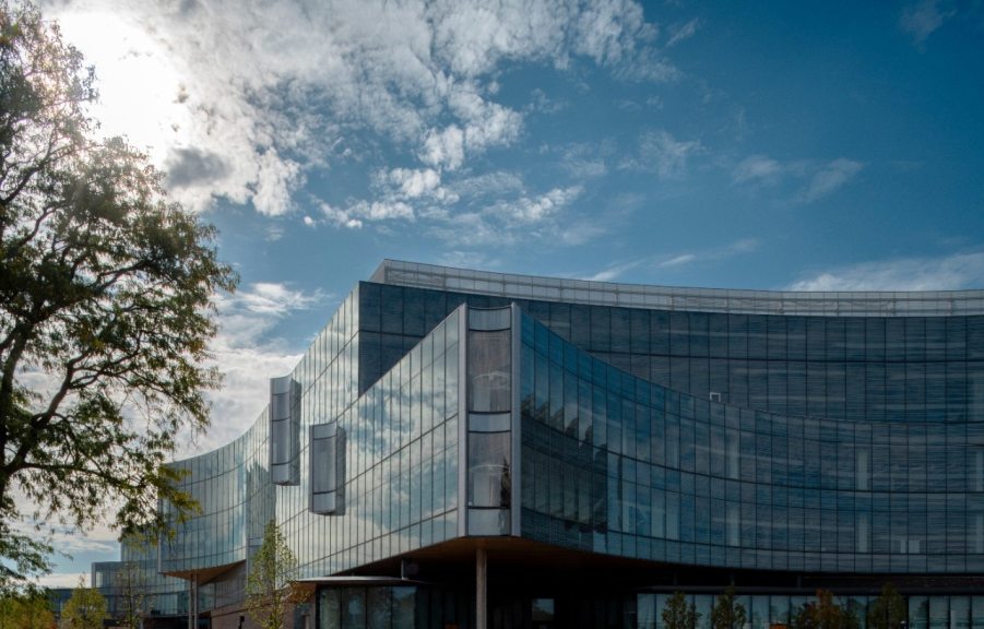 A top corner of the new Ford global headquarters in Dearborn, Michigan