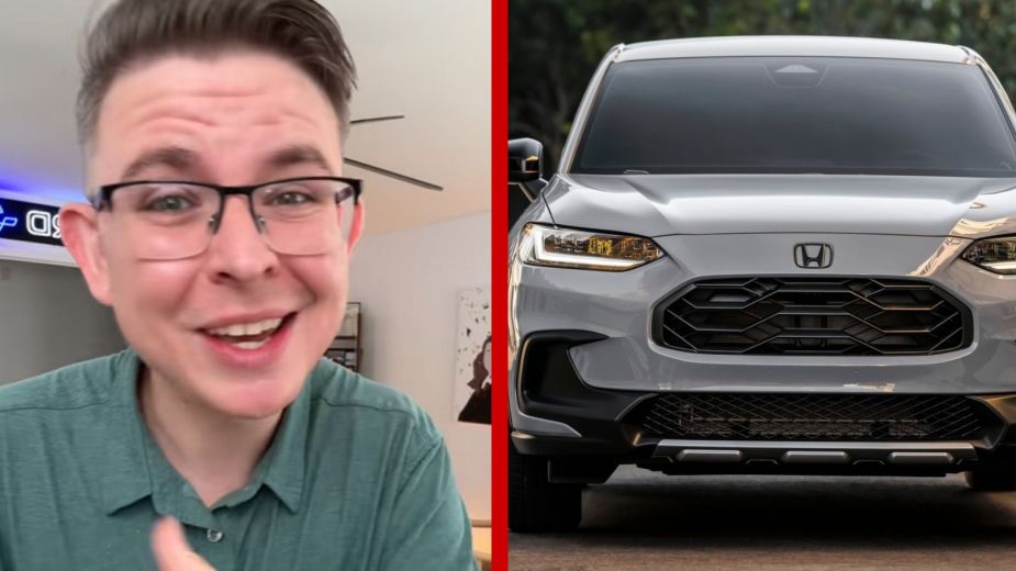 Left: A car sales expert talks to the camera, Right: A flat gray Honda HR-V in direct front view