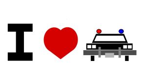 A rendering of a bumper sticker "I Heart Police" image of heart and police cruiser vehicle