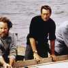 Richard Dreyfuss, Roy Scheider and Robert Shaw on board a boat in a still from the film, 'Jaws,' directed by Steven Spielberg, 1975