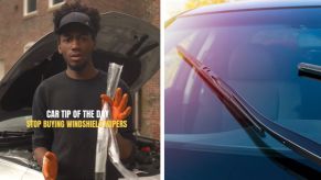 Left: a mechanic talks about windshield wipers, Right: A car windshield in close view