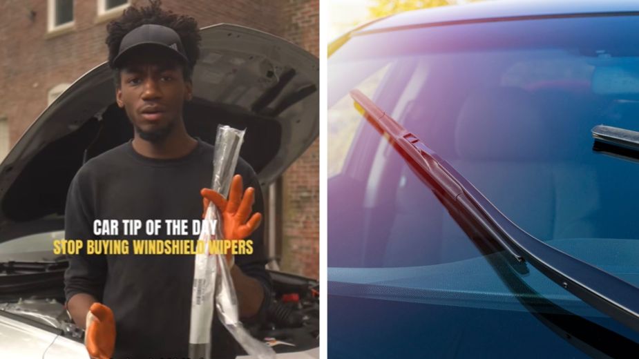 Left: a mechanic talks about windshield wipers, Right: A car windshield in close view