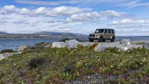 A gold Mercedes-Benz G-Glass parked on a rocky, grassy coast in far left front angle view