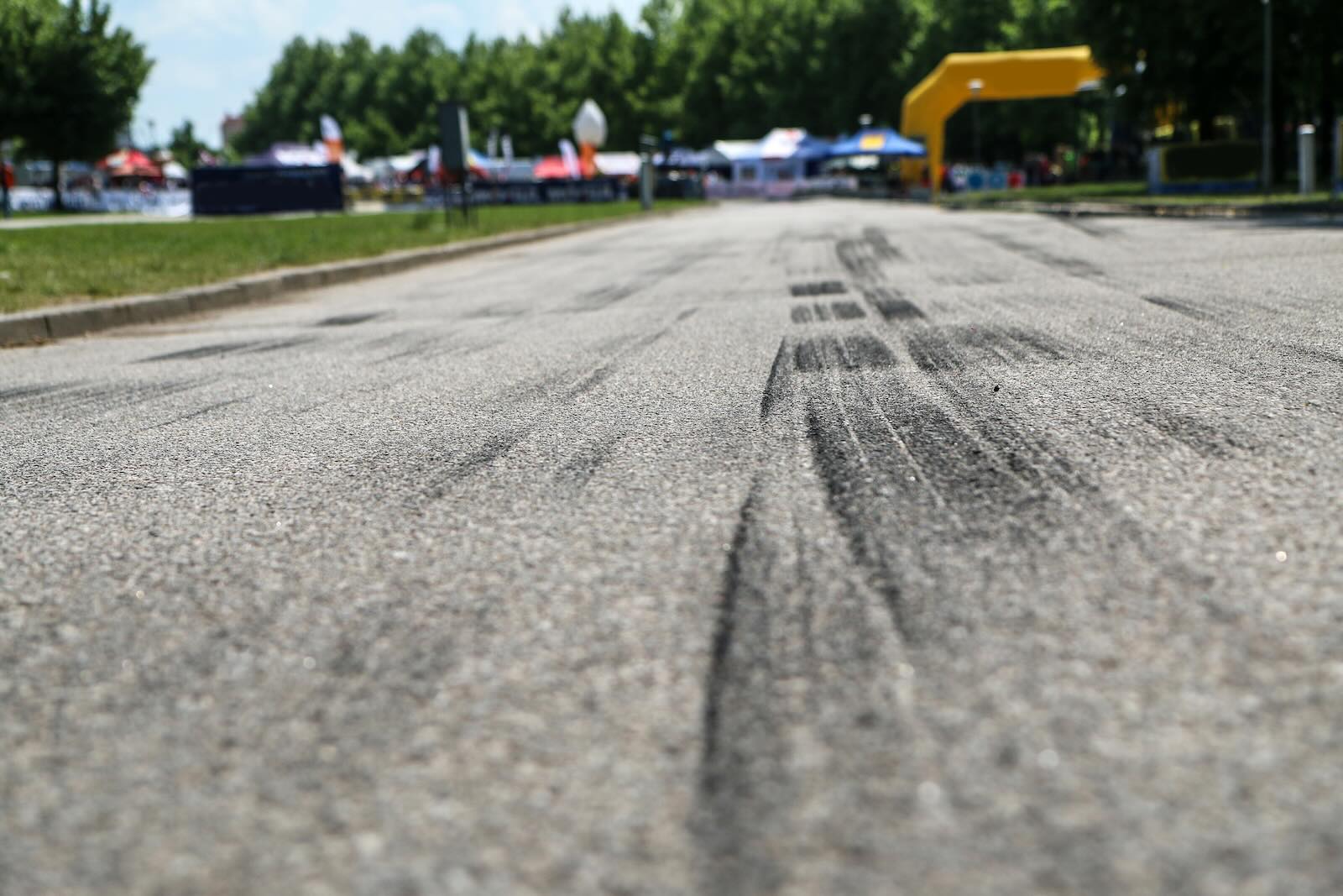 Skids on a race track where a Cessna airplane made an emergency landing