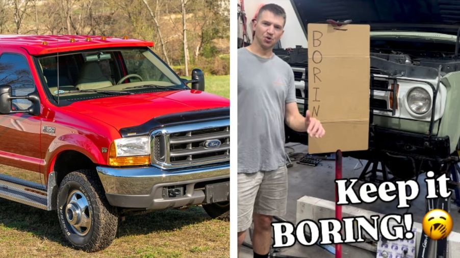 Left: A red 1999 Ford F-350 Super Duty Lariat, Right: Restomod expert explains how to keep an old car reliable
