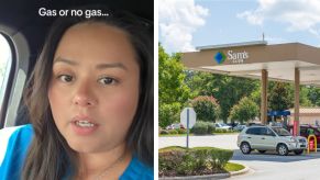 Left: Woman ranting about waiting in line for a fuel pump, Right: Sam's Club gas station
