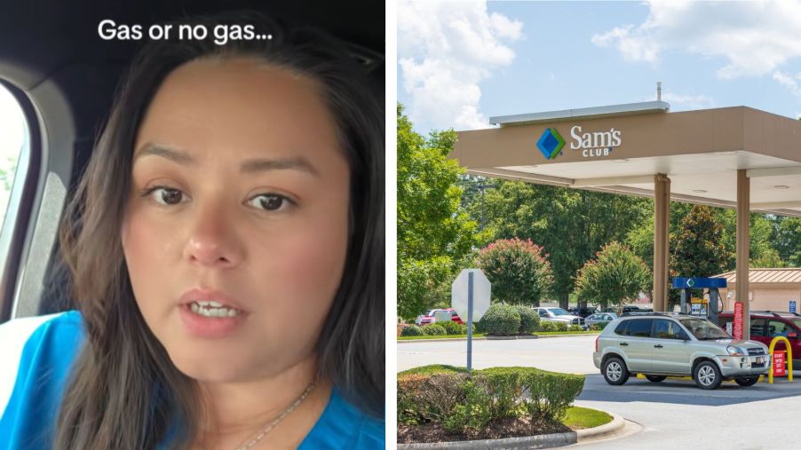 Left: Woman ranting about waiting in line for a fuel pump, Right: Sam's Club gas station