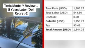 Left: A TikToker shows his cracked Tesla Model Y roof glass, Right: A breakdown of the roof replacement cost