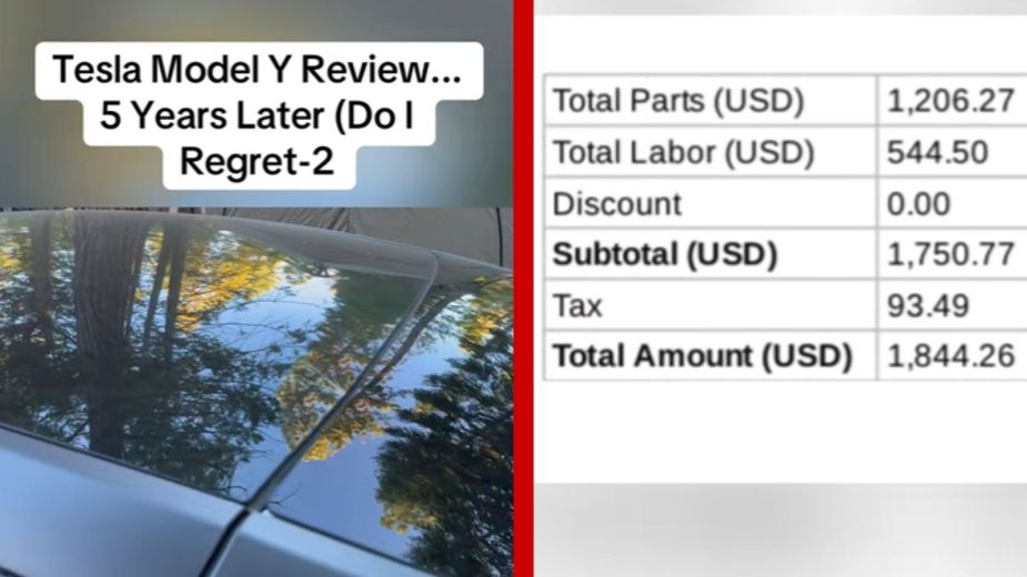 Left: A TikToker shows his cracked Tesla Model Y roof glass, Right: A breakdown of the roof replacement cost