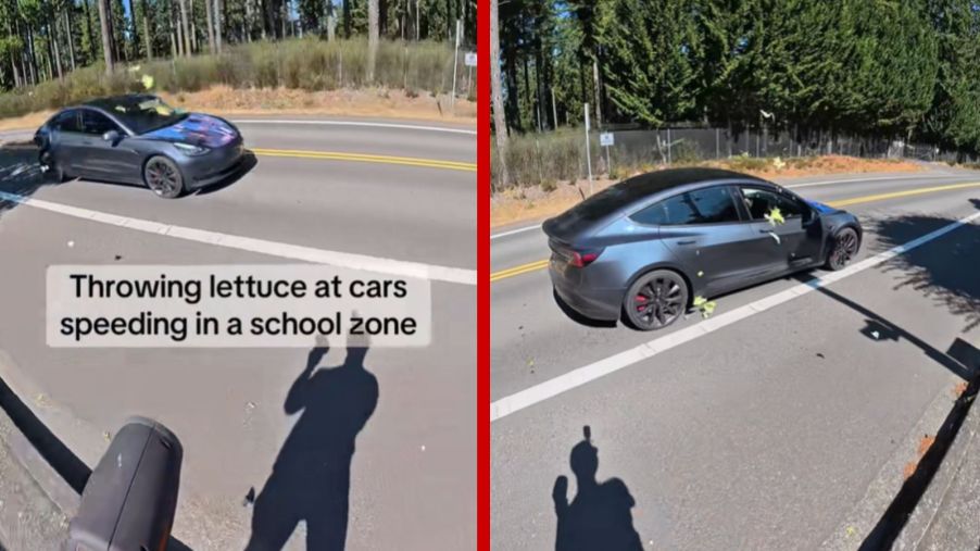 A TikToker films himself throwing lettuce at a Tesla EV he clocks speeding in a school zone