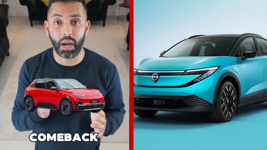 Left: Tech enthusiast explains the new Nissan Micra EV, Right: 2026 Nissan Leaf in left front angle view