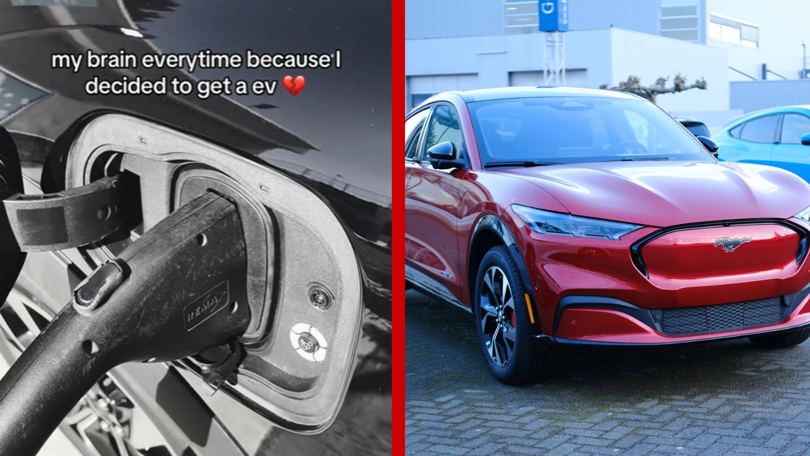 Left: Charging an EV in close view, Right: Red Ford Mustang Mach-E EV