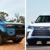 Left: A blue 2025 Toyota Land Cruiser, Right: A white 2018 Lexus LX 570