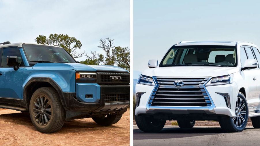 Left: A blue 2025 Toyota Land Cruiser, Right: A white 2018 Lexus LX 570