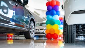 A used car dealership showroom in close low view