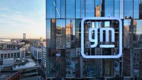 GM displays its new sign on its Hudson Detroit building just as the company shut down its hydrogen fuel cell program.