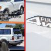 Left: A TikToker explains why a 1997 Toyota Land Cruiser sold for over $100k, Right: The "Full Time 4WD" emblem on a 1997 Toyota Land Cruiser