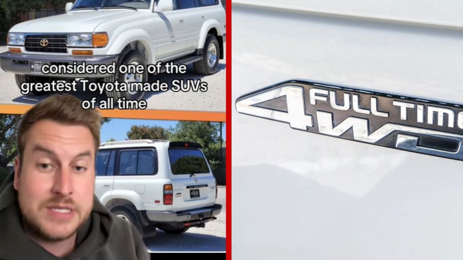 Left: A TikToker explains why a 1997 Toyota Land Cruiser sold for over $100k, Right: The "Full Time 4WD" emblem on a 1997 Toyota Land Cruiser