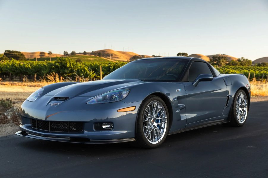 A slate grey 2011 Chevrolet Corvette ZR1 3ZR parked in left front angle view