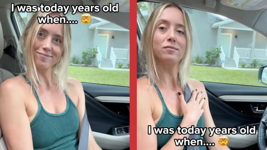 Woman sits in her Subaru to show off her telescoping adjustable steering column.