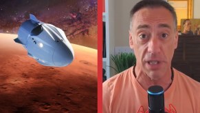 Render of an alien spaceship over Mars and a TikToker discussing 3I/Atlas comet