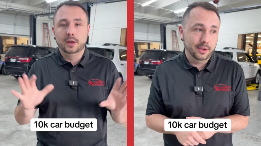 Mechanic stands in his shop and speaks into the camera.