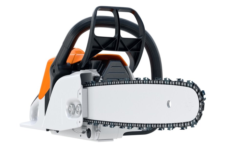 Orange and white chainsaw on a white background.