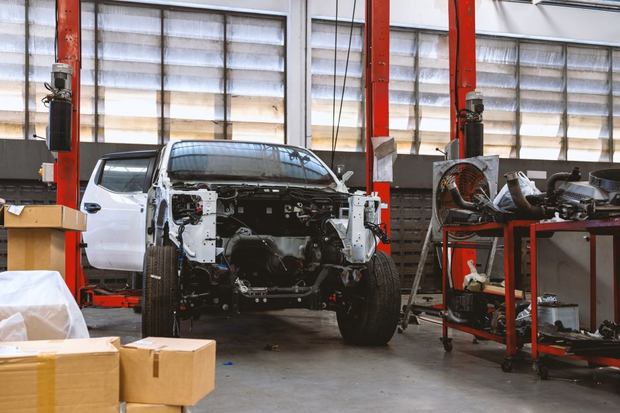 A truck with its bumper removed