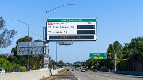 A picture shows a toll road express lane in the Bay Area where prices have reached as much as $20.00 for a single trip.