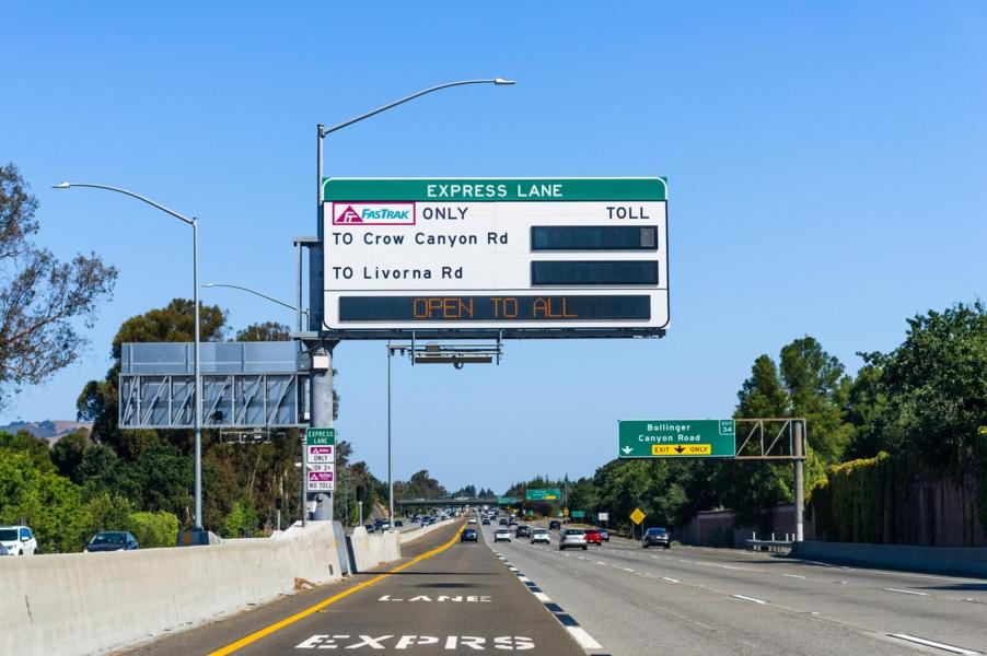 A picture shows a toll road express lane in the Bay Area where prices have reached as much as $20.00 for a single trip.