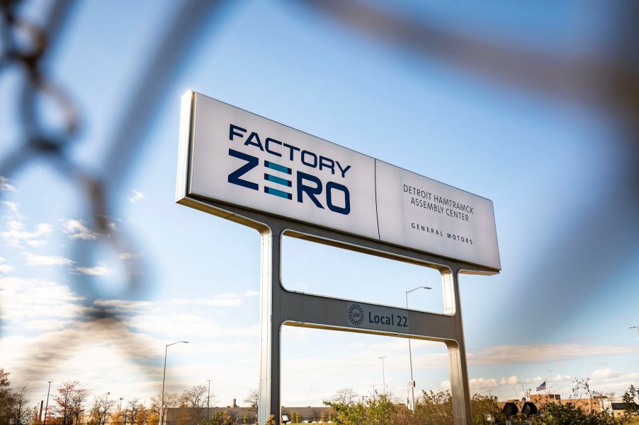 The Factory Zero sign outside General Motors' Hamtramck plant