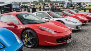 A lineup of Ferrari supercars at a show.