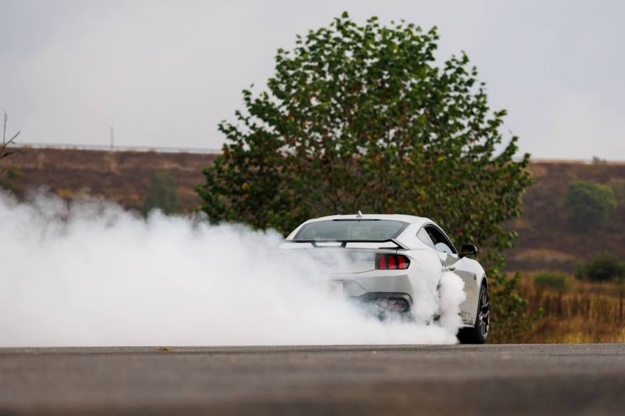 The new 2026 Ford Mustang RTR in a cloud of smoke.