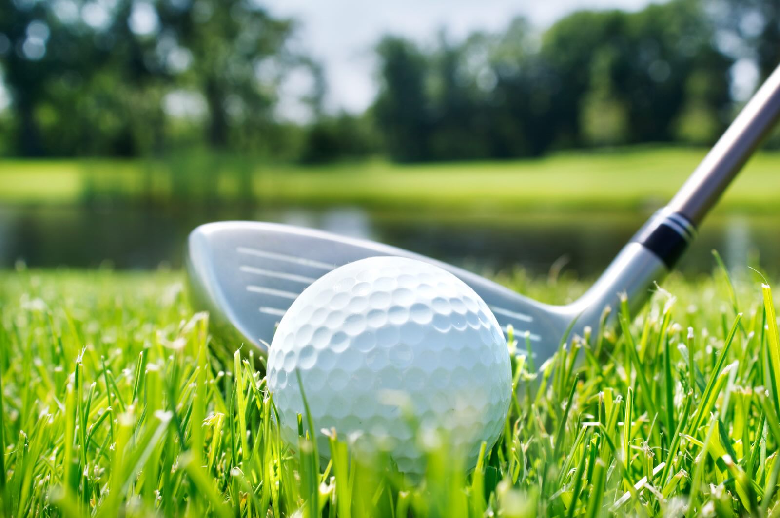 Golf ball and club on a course, pond visible in the background.