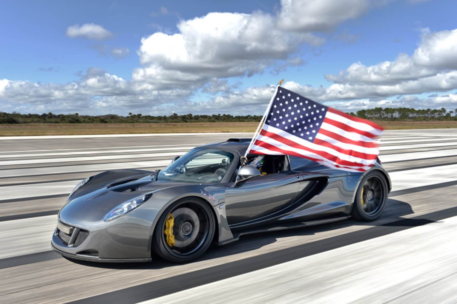 A Hennessey Venom GT with an American flag. 