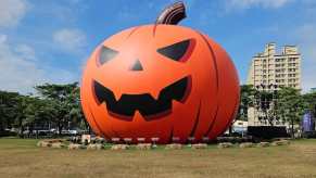 Inflatable orange pumpkin ornament on a lawn, buildings visible in the background.