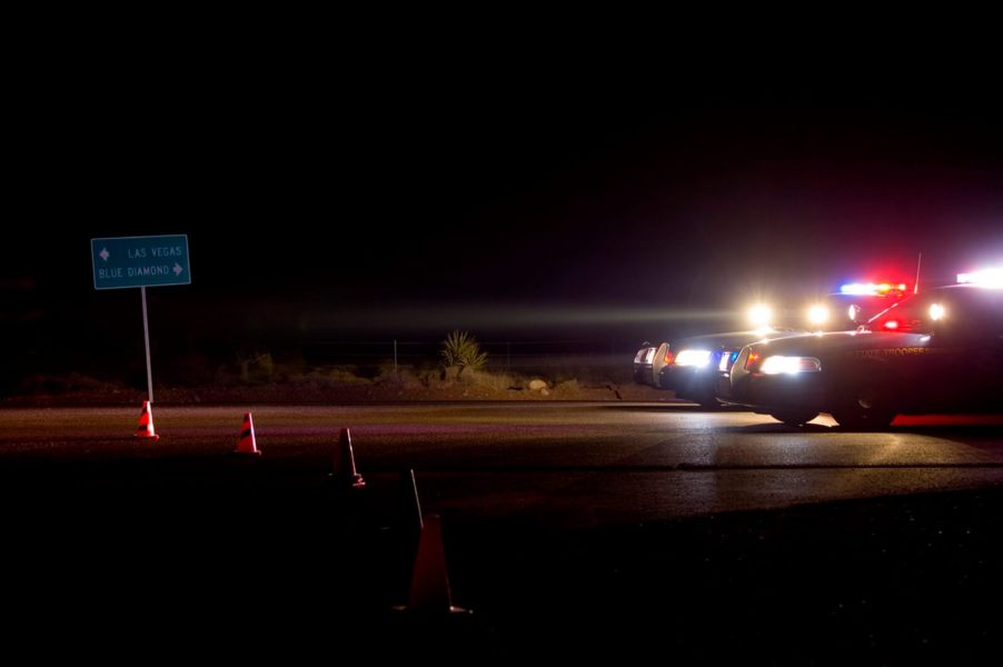 A pair of Las Vegas police cars at a DUI stop.