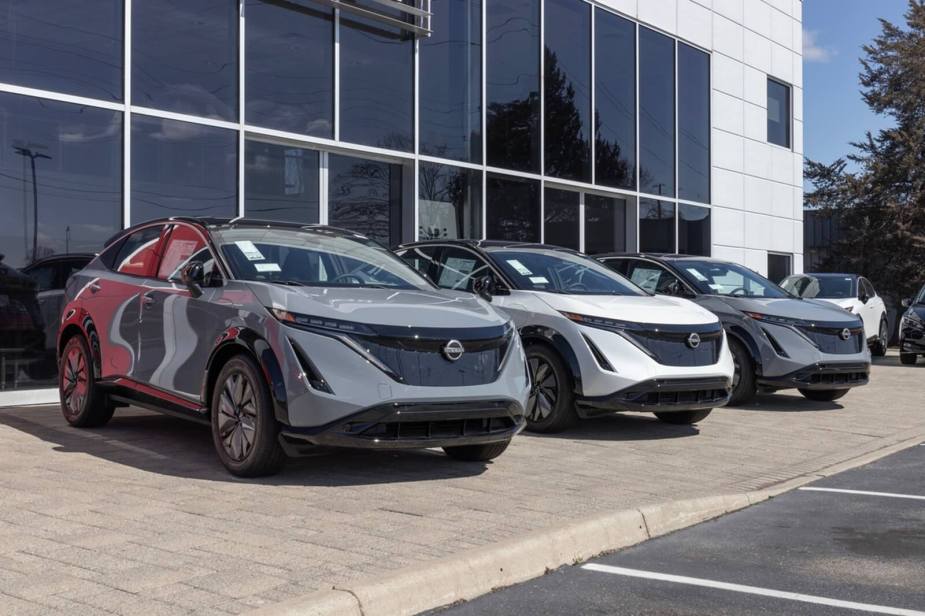A set of Nissan Ariya EVs for sale. EV sales plummeted in October as the EV tax credit ended.