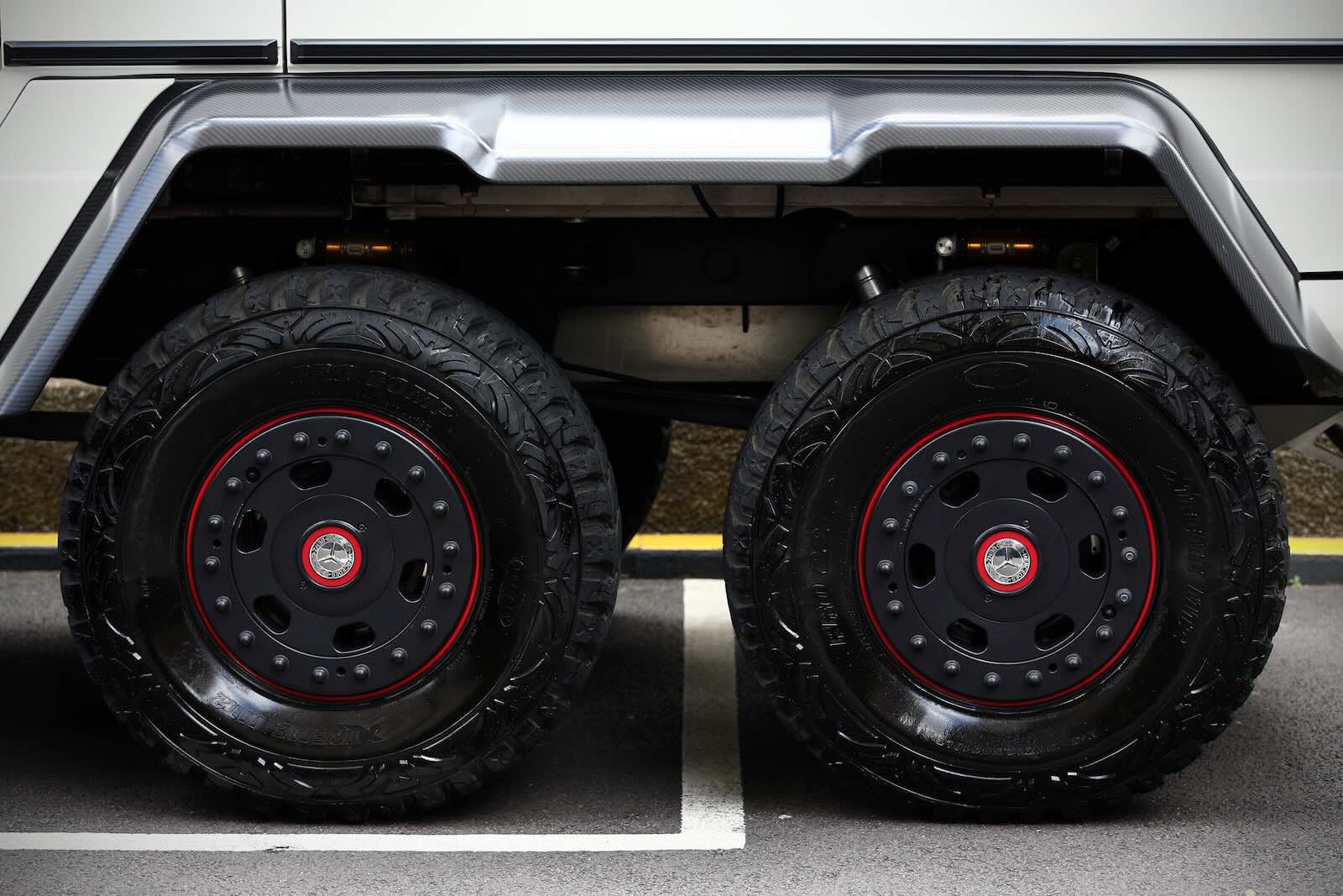 The dual rear axles of a special edition Mercedes G Wagon 6x6.