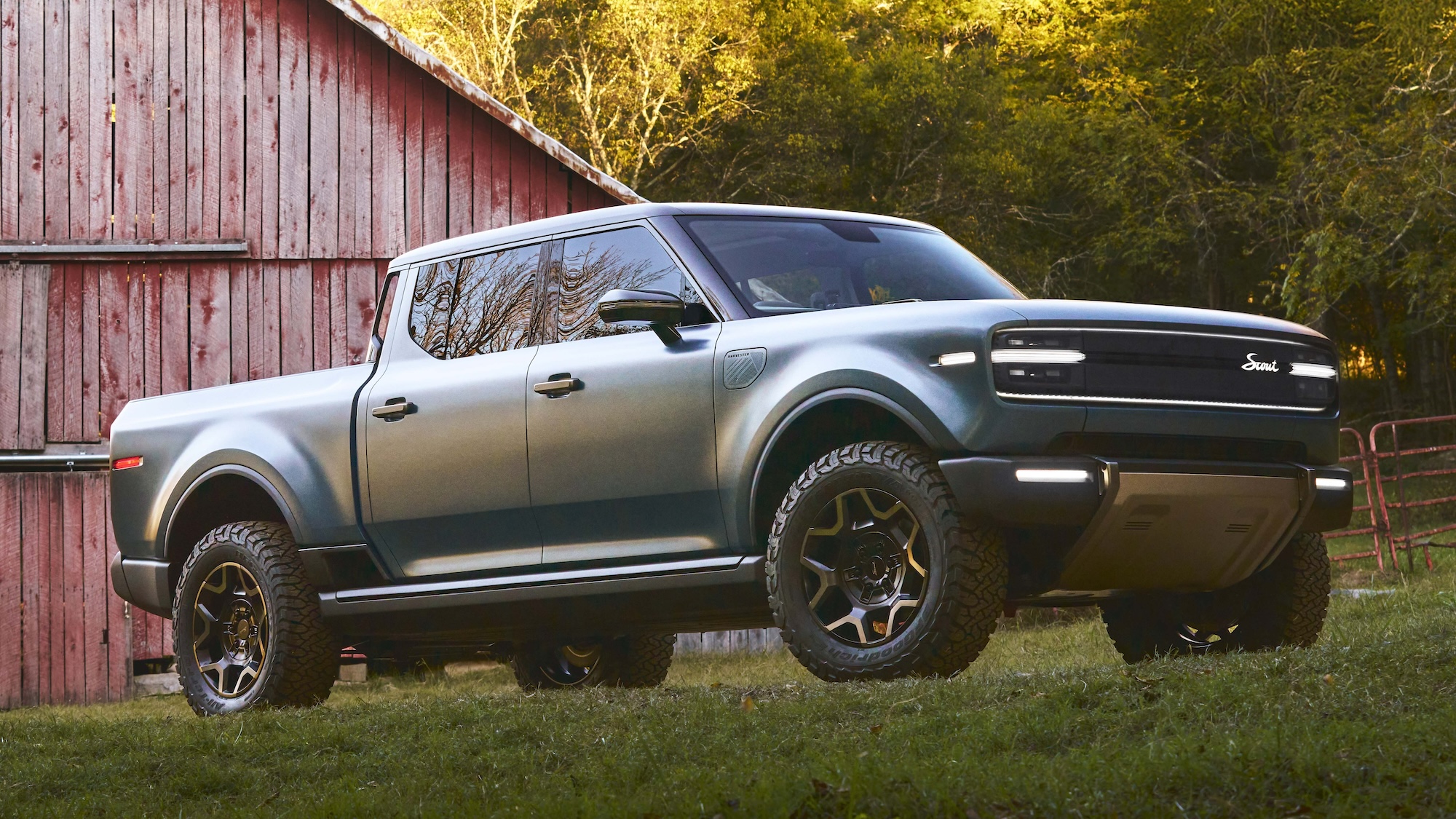 The Scout Terra near a barn