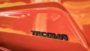 Black Tacoma badge on the side of an orange Toyota truck