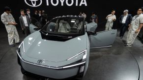 Toyota's new Corolla concept car on stage at a Japanese auto show