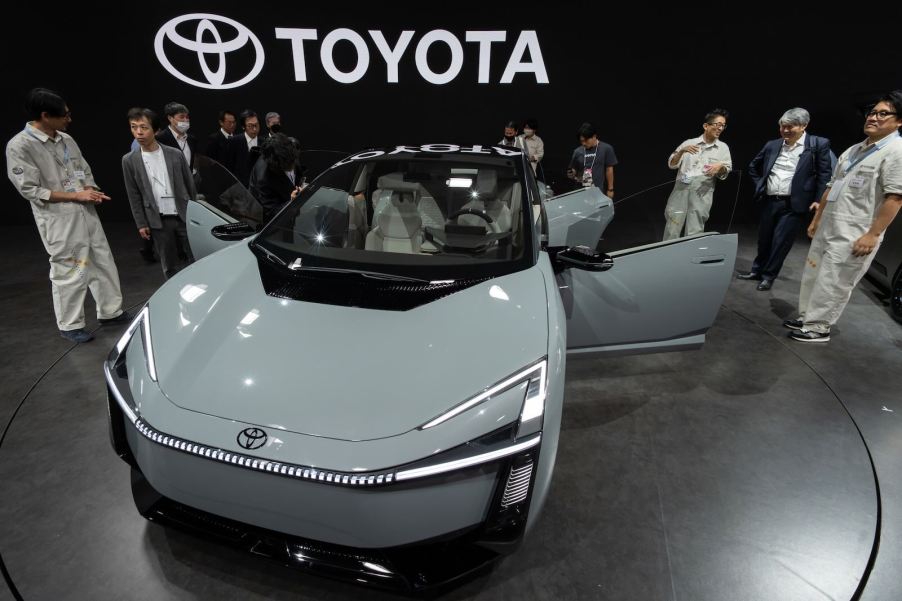 Toyota's new Corolla concept car on stage at a Japanese auto show