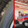 Left: A close view of a bald and damaged tire, Right: A blurred tire shop storefront interior