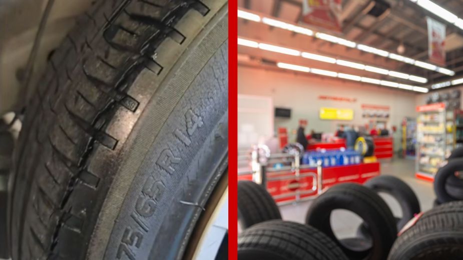 Left: A close view of a bald and damaged tire, Right: A blurred tire shop storefront interior