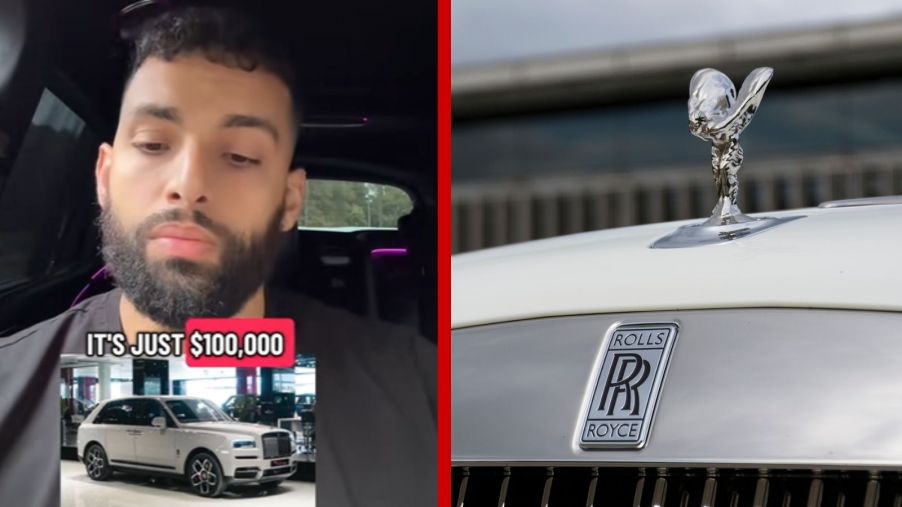 Left: A car dealer on the phone with a Rolls-Royce buyer, Right: A Rolls-Royce hood emblem in close view